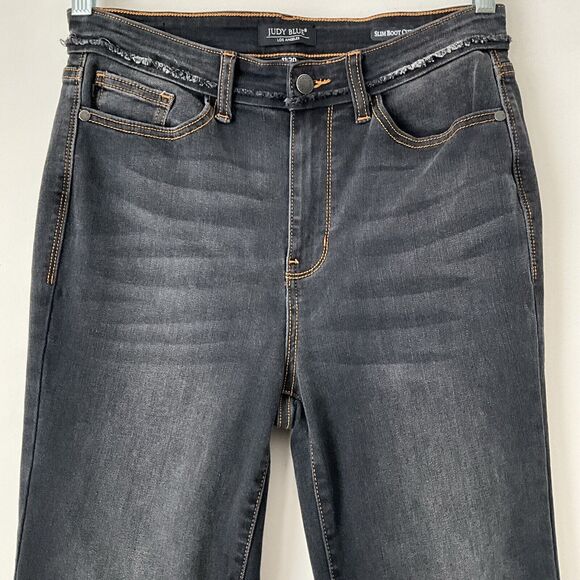 Judy Blue Slim Bootcut High Rise Jeans Black Washed Distressed Frayed Hem 30 - Picture 4 of 12